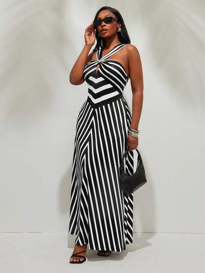 Radiana Plus Size Women's Sexy & Elegant Casual Chic Striped Print Halter Neck Dress, Suitable For Outings And Parties, Spring/Summer