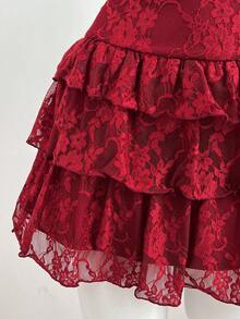 Elamini Floral Lace Texture Romantic Mini Dress - Red - View 6