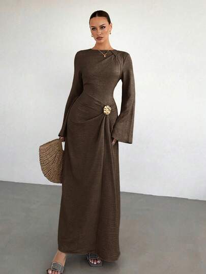 Siren Gaze Women's Solid Color Twist Detail Front Metal Buckle Decor Flare Long Sleeve Dress, Ladies' Wedding Guest Dress, Women's Winter Formal Dress