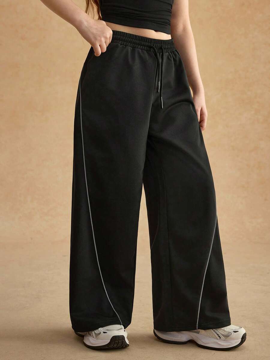 SHEIN Tween Girl Contrast Trim Slant Pocket Drawstring Waist Casual Pants - Black - View 1