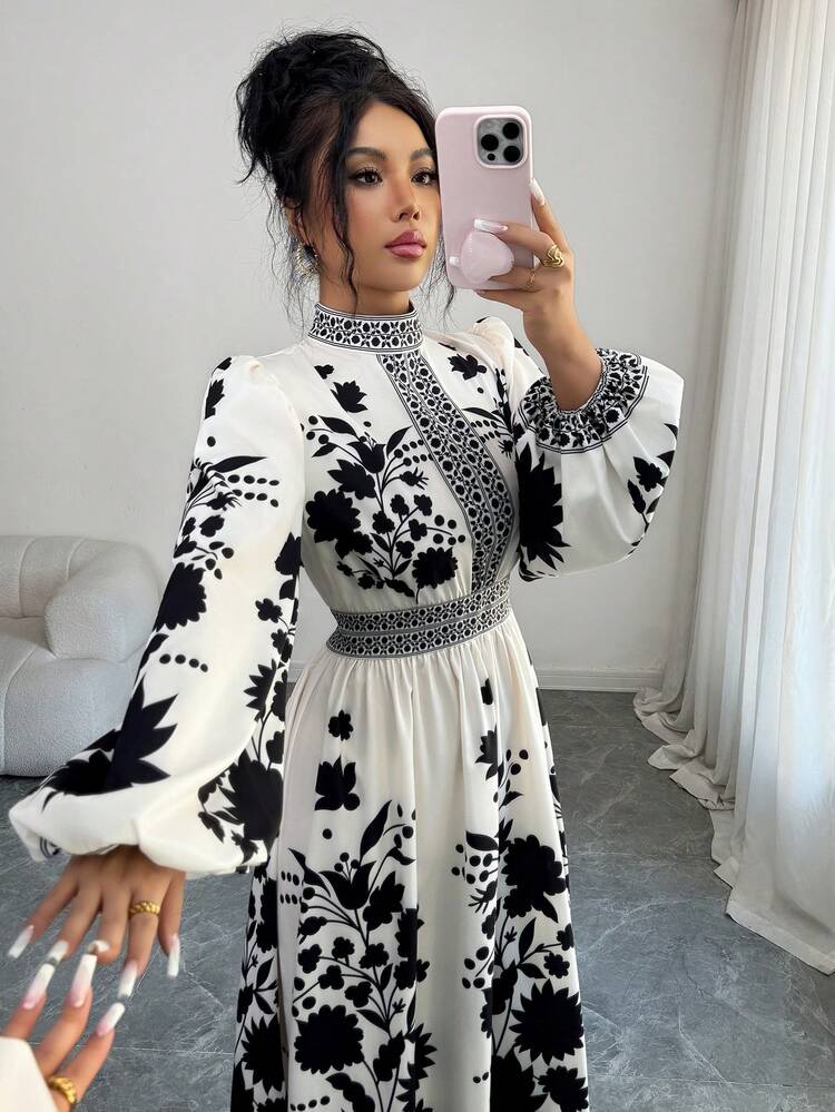 Rafferiza 女士优雅印花长袖连衣裙 - 黑色 - 查看 7