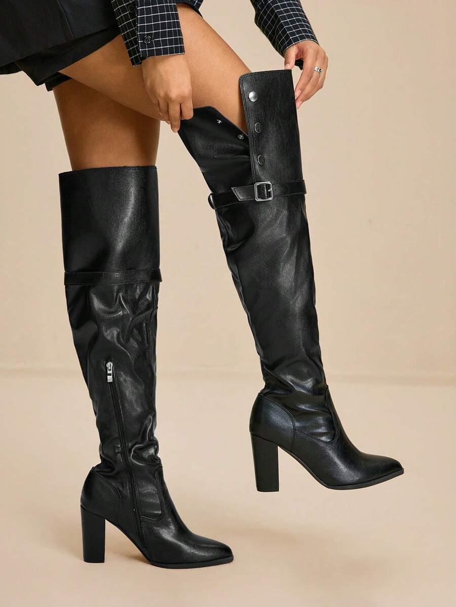 Daringsoles Women's Pointed Toe Buckle Design Fashion High Heel Over-The-Knee Boots - Black Black - View 1