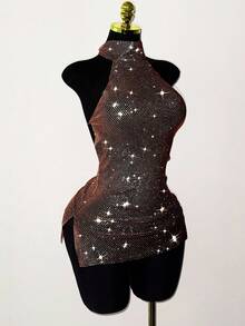 Flirla Women's Rhinestone Halter Super Short Dress,Brown,Summer,70s Retro,Club Night,Party,Rave Sparkle Glitter Bling Glitz And Glam Dress Holiday Gatherings - Chocolate Brown - View 4
