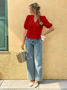Franclia Fashionable Casual Versatile Peter Pan Collar Puff Sleeve Single-Breasted Loose Women Shirt Peter Pan Collar Blouse Cute Red Tops Red Blouses Ruffle Blouse Red Summer Tops Puffed Sleeve Blouse Ruffle Peter Pan Collar Blouse Red Top For Women - Red - View 7
