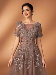 Serin 优雅奢华的珍珠亮片刺绣蕾丝贴花网纱透视袖喇叭连衣裙，适合婚礼、派对、度假、新娘、新娘母亲、晚礼服等场合。 - 霧霾藍 - 查看 7