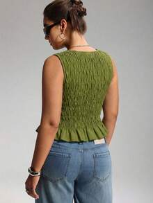 LYSMO Áo tank top hai dây xếp ly co giãn phong cách boho dành cho nữ cỡ lớn, thích hợp cho mùa hè. - màu xanh lá - Xem 2