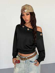 StreetHx Petite Women's Fashion Metal Decor Black Sweatshirt ,Petite Women - Black - View 5