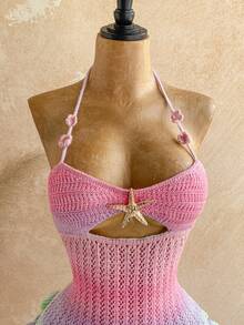 Soleia New Knitted Halter Neck Tie Strap Multi-Layer Ruffle Hem Mini Dress, Suitable For Party, Date, Valentine's Day, Easter, Carnival, Afternoon Tea, Beach, Cruise, City Vacation, Autumn/Winter Layering - Multicolor - View 5