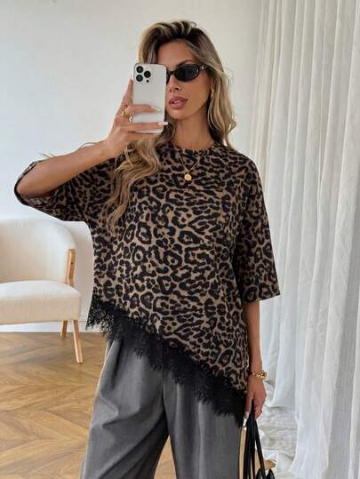 SHEIN LUNE Women's Casual Leopard Print Lace Patchwork Short Sleeve T-Shirt, Asymmetrical Hem, Suitable For Summer Vacation, Commute, And Daily Wear Summer Casual Top For Women Vacation Outfits Women Summer Holiday Outfits Holiday Outfits For Women Vacation Outfits For Women Summer Outfits Summer Outfits For Women Spring Outfit Women Spring Break Outfits Beach Top Beach Outfits For Women Beach Outfit For Women Casual Blouses For Women Going Out Top Going Out Tops For Women Summer Tops Pat Lace Trim Top Leo