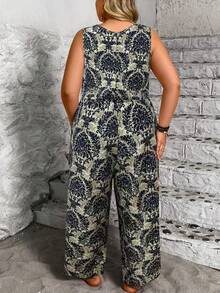 EMERY ROSE Plus Size Casual Retro Print Round Neck Jumpsuit, Versatile - Blue - View 2
