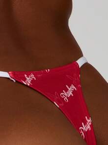 Missguided x Playboy Thong Brief With Contrast Straps And All Over Print Pattern - Red - View 2