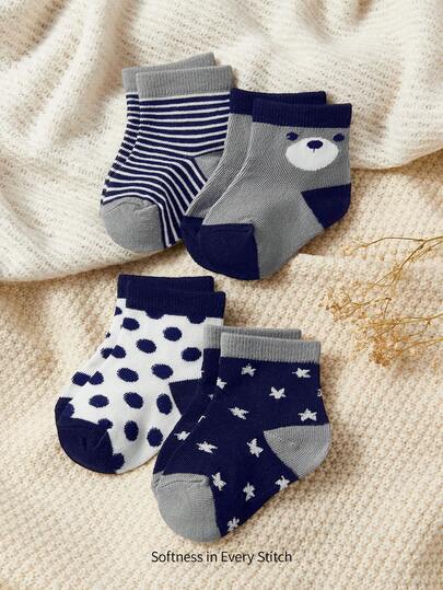 Cozy Pixies 4 Pairs Of Baby Socks, Blue Striped Star Polka Dot Bear Cute Socks, Suitable For Indoor And Outdoor Wear