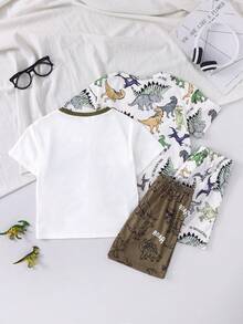 SHEIN 4 Stücke/Set Kleine Jungen Lässig Cartoon Dinosaurier Muster Rundhals Kurzarm T-Shirt und Shorts 2 Stücke Outfit, geeignet für den Sommer - Verschiedenfarbig - Übersicht 2