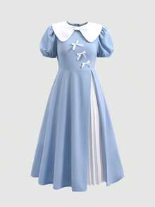 Teen Girl Elegant Peter Pan Collar Color Block Puff Sleeve Dress - Blue - View 5