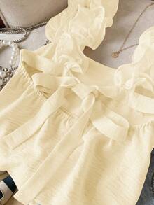 Blusa de mujer de unicolor con volantes y pliegues, versátil y elegante para citas y fiestas - Amarillo claro - Ver 6