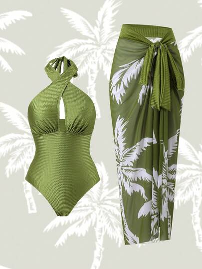 Swim Oasis Traje de baño de una pieza con parte superior de halter cruzada y Bottom de falda de malla con estampado de árbol de coco, cintura con lazo, de tela texturizada brillante, para mujer de talla grande, para uso casual, de resort y diario, elegante