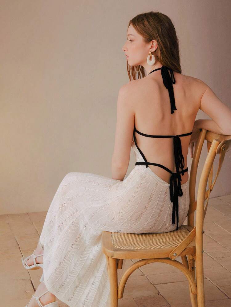 CONTRAST BINDING TIE BACKLESS HALTER NECK MERMAID HEM POINTELLE KNIT SWEATER DRESS