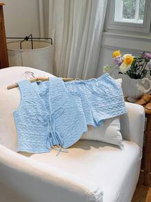 Comfortcana Conjunto informal de top de tirantes con cuello en V trenzado y pantalones cortos en color azul claro para mujer - Celeste - Ver 4