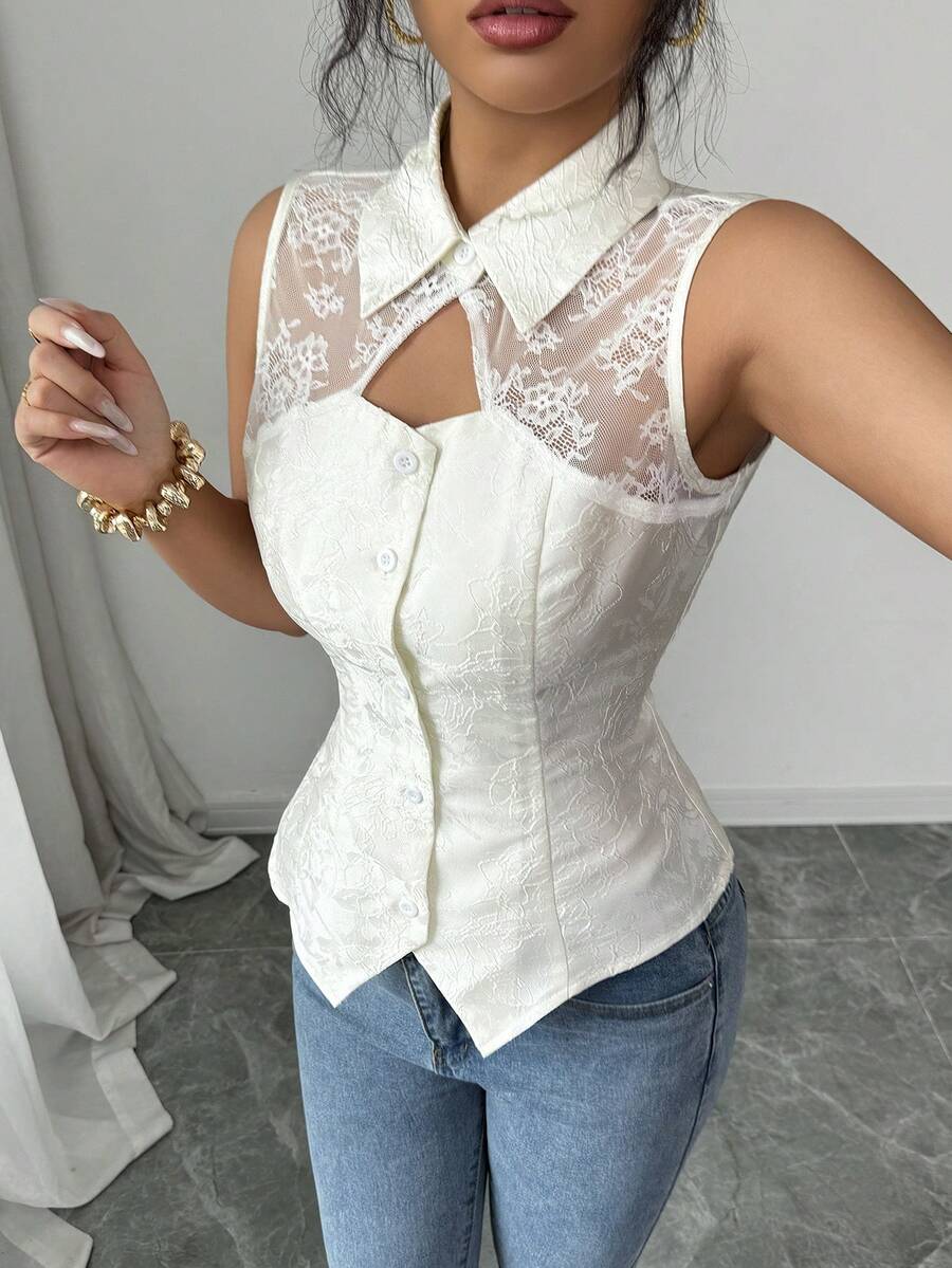 SHEIN Elenzya 2026年夏季新款女装浅杏色提花织锦撞色蕾丝休闲衬衫（随机印花） - 杏色 - 查看 1