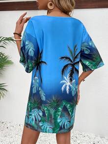 Breezaya 女士夏季海滩度假风印花短袖宽松迷你连衣裙度假海滩套装 - 寶藍色 - 查看 3