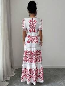 Elenzga Women's New Fashionable And Elegant Red & White Placement Print V-Neck Short Sleeve A-Line Elastic Waist Design Tassel Belt Maxi Dress, Suitable For Commuting, New Year, Streetwear, French Romantic, Casual, Middle Eastern Retro, Afternoon Tea, Party, Thanksgiving, Back To School, Spring/Summer - Red and White - View 2