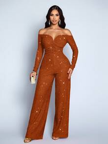 SOLERSUN Women's Fashionable Elegant V-Neck Off Shoulder Long Sleeve Party Night Club Sparkly Fabrics Jumpsuits, Suitable For Christmas Party Valentine's Day Dating - Rust Brown - View 4
