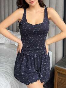 DAZY Bộ đồ ngủ mùa hè cho bé gái tuổi teen, họa tiết hoa nhí, áo hai dây cổ tròn và quần short, kiểu dáng thường ngày. - Màu xanh hải quân - Xem 3