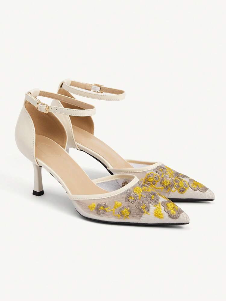 CUCCOO CHICEST Women's Pointed Toe Floral Embroidered Mesh Buckle Design Elegant High Heels Valentine's Day Elegant Shoes