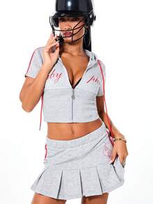 BABYPHAT Jersey Knit Pleated Mini Skirt With Logo Script Print Casual Everyday Streetwear Spring Summer Essential - Grey - View 5