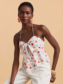 Travachic Women's Beach Vacation Knotted Front Seashell & Starfish Print Halter Top - Apricot - View 7