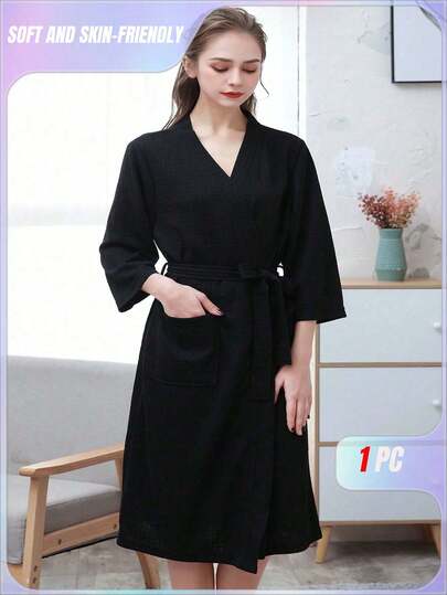 SHEIN 1 件轻便时尚浴袍，适合居家和海滩，速干亲肤，情侣家居服，简约格子浴袍夏季婚礼家居浴室装饰返校