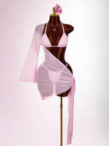 Amplova Women's 3 PiecesBeaded Swimwear Set Including Shoulder Strap Mesh Coverup, Sexy & Chic, Suitable For Vacation, Tie-Up Details - Pink - View 8