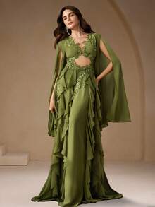 Anewsta 女士春夏新款绿色森林风法式刺绣贴花喇叭袖层叠荷叶边下摆优雅长裙 - 綠色 - 查看 3