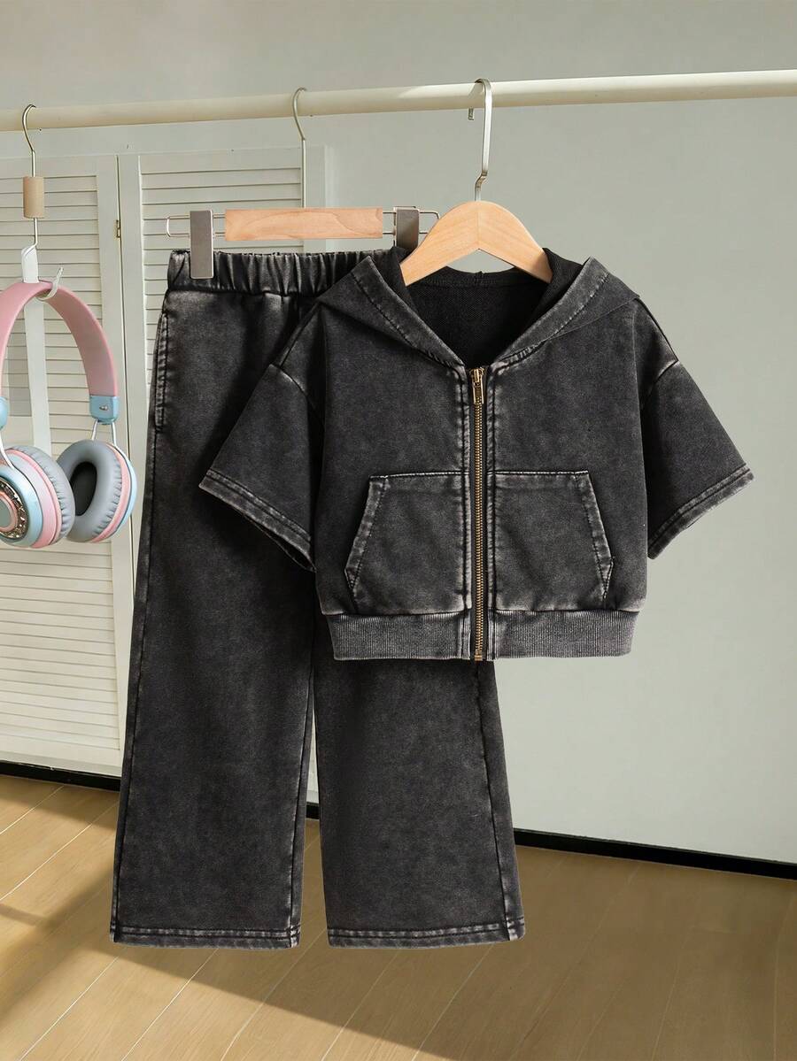 少女牛仔两件套，复古街头风时尚休闲学院风穿搭推荐：针织连帽卫衣搭配直筒牛仔裤，夏季必备套装 - 黑色 - 查看 1