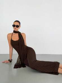 Siren Gaze Women's Flocked Mesh Polka Dot Spaghetti Strap Swing Dress - Chocolate Brown - View 5