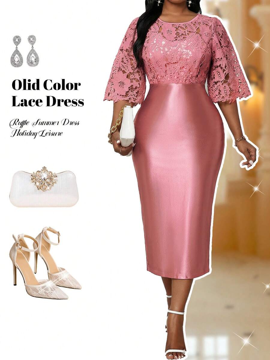 SHEIN Lady 大码女式撞色蕾丝圆领喇叭袖修身优雅连衣裙
