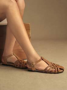 Rosivie 25 Spring/Summer New Brown Closed Toe Woven Hollow Retro Design Flat Women Shoes - Brown - View 3