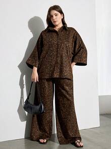 Aveloria Modichic Conjunto Feminino De 2 Peças: Camisa Casual Folgada Com Estampa De Leopardo Lapela Com Botões, E Calça Reta Modeladora Com Cintura Elástica. - Multicolorido - Ver 5