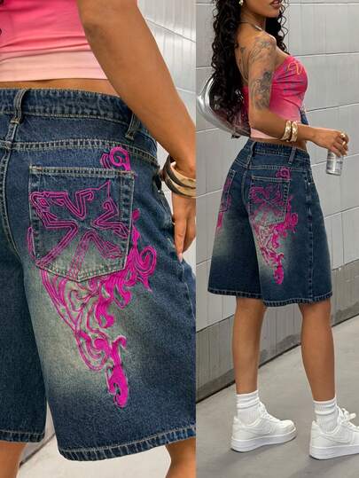 StreetHx Women's Y2K Streetwear Embroidered Denim Shorts