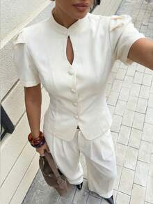 Lumalex Early Spring High Collar Puff Sleeve Hollow Metal Button Waist Fitted Women Blazer Luxury NewYearNewLook QuietLuxe Prom Gathering Party Banquet Modest Old Money Coquette Glitter Holiday Party Rave Festival Outing Vacation Hot Outdoor Richly Layered Wedding Season Banquet ID Al-Adha Al-Adha Party New Year Looks Of Party Party Dress For Autumn - Apricot - View 4