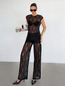 Siren Gaze Maglietta con scollo rotondo in pizzo e maniche a cappuccio e pantaloni, set casual sexy a 2 pezzi in colore unito con orlo asimmetrico in pizzo, indossabile tutti i giorni, per primavera/estate - nero - Visualizzare 5