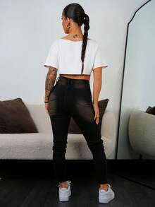 SAYEHFBABY 女式不对称领口短款 T 恤，朋克亚文化唇印白色短袖上衣 - 白色 - 查看 2