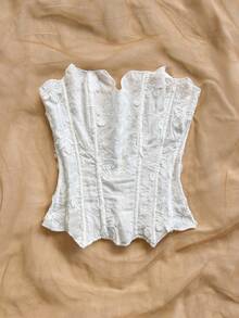 Soleia Áo corset hai lớp ren hở vai gợi cảm, ôm sát, thêu họa tiết khoét rỗng, thích hợp cho hộp đêm, dự đám cưới, mùa thu và mùa hè. - trắng - Xem 4