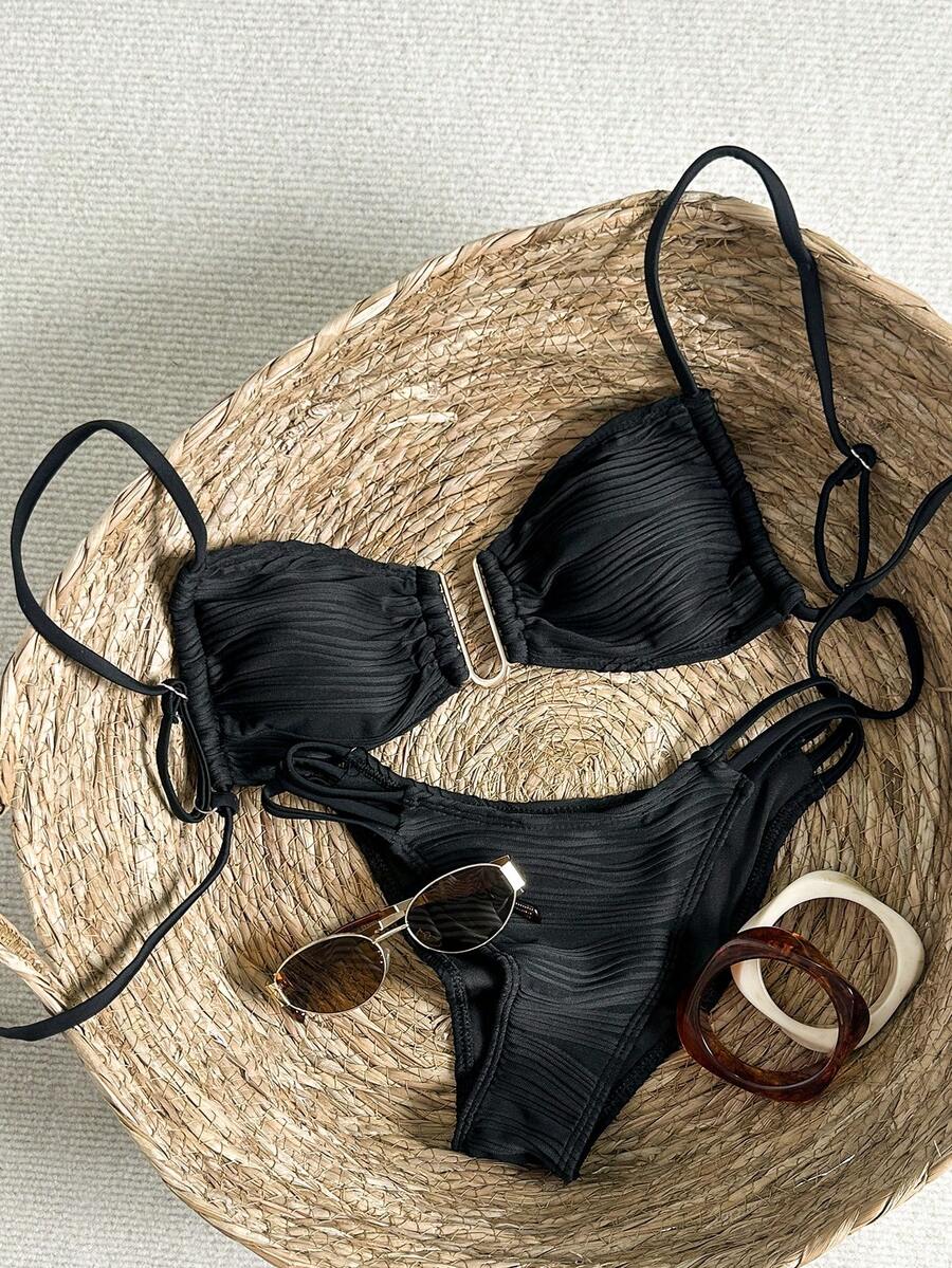 SHEIN Swim Women Solid Color Spaghetti Strap Simple Bikini Top And ...