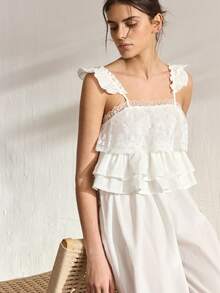 Ocili Comfortable Cotton Soft Jacquard Embroidered Lace Camisole Pants Women Pajama Set - White - View 5