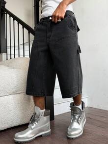 Manfinity EMRG Quần short denim đen nam kiểu dáng đường phố thường ngày, nhiều túi và họa tiết. - màu đen - Xem 3