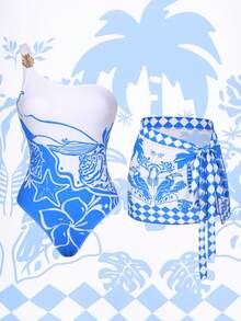 Swim Oasis 蓝白花卉印花连体泳衣，饰有金属叶片和蝴蝶结，休闲度假女装 - 藍白色 - 查看 7