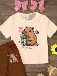 Spring And Summer Young Girl Casual Fashion Creative Personalized Fresh Minimalist Kapibaila Pearl Milk Tea Heart Flower Pattern Letter Slogan Print Casual Basic Short T-Shirt And Flared Pants Set, Comfortable Daily Wear, Cozy Summer And Fall Styles Suitable For Spring, Summer And Autumn - Multicolor - View 5