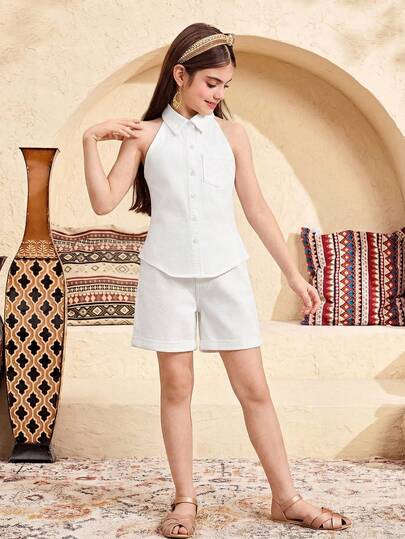 两件套少女时尚休闲Y2K复古酷炫街头白色牛仔无袖衬衫外套和舒适宽松牛仔短裤套装，适合儿童日常穿着，也适合春夏派对、节日和街头服饰。