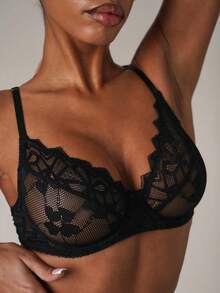 SHEIN BAE 2pcs/Set Lace-Trim Underwired Sexy Bra & Panty Lingerie Set For Women - Black - View 10